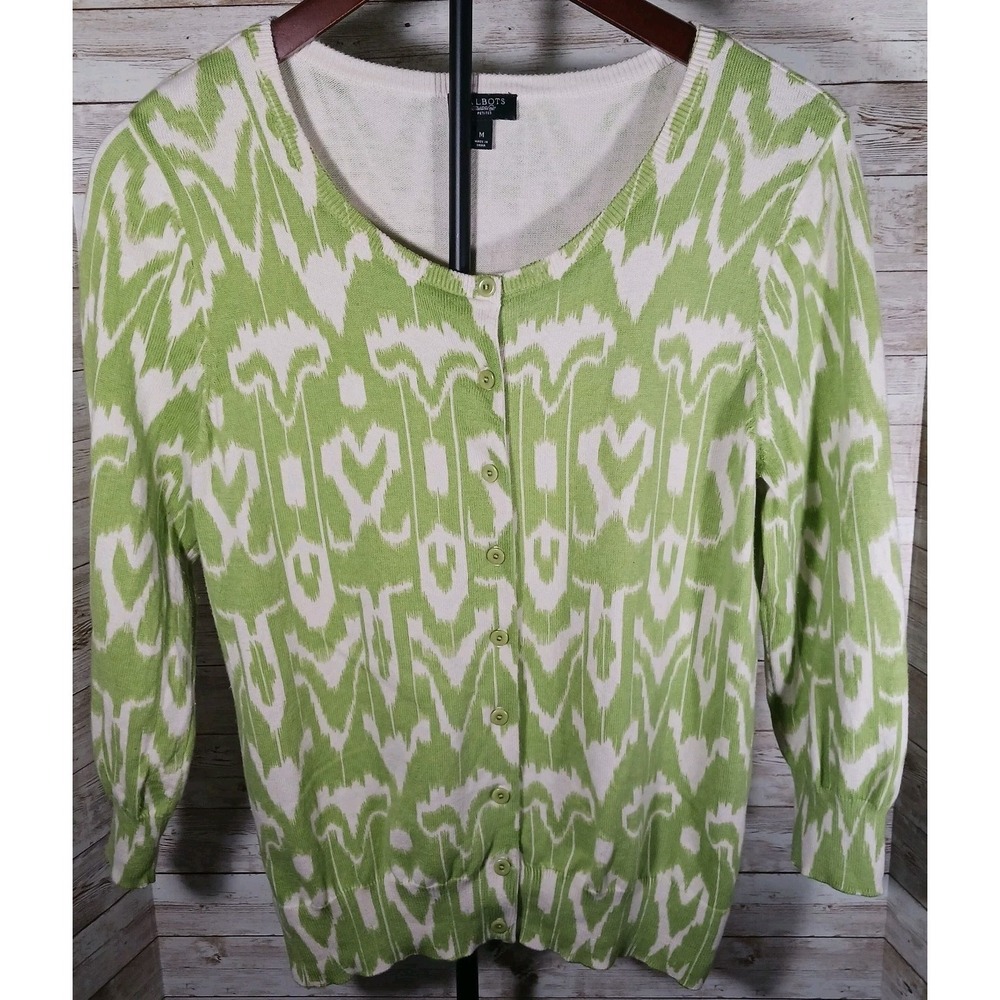 Talbots Women's Sz PM Button Up Sweater in a Lime Green & Cream Vintage Pattern